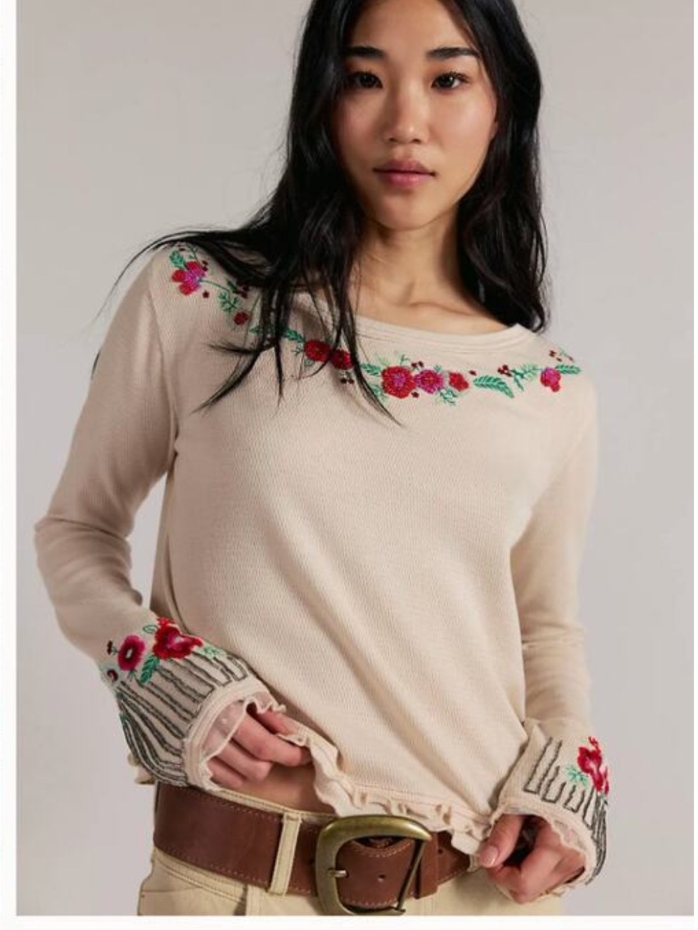 Free People Embroidered & Beaded Relaxed Long Sleeve Top - Small